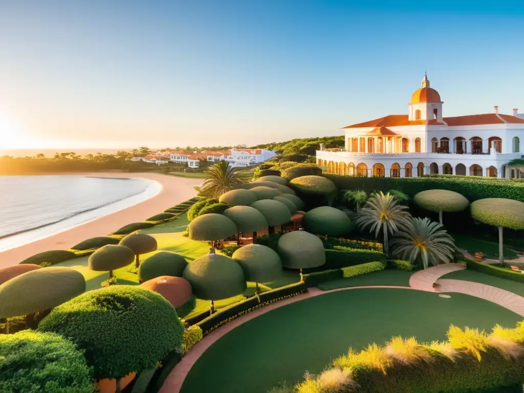 Viaje de lujo en Uruguay, disfrutando el atardecer en un majestuoso resort colonial rodeado de jardines tropicales y un mar azul infinito