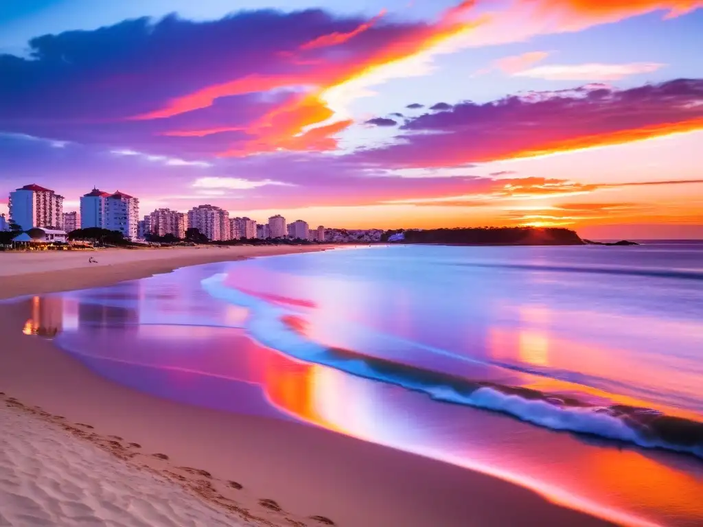 Viaje de lujo en Uruguay: yate elegante en Punta del Este bajo un atardecer deslumbrante, playas sofisticadas y la ciudad vibrante al fondo