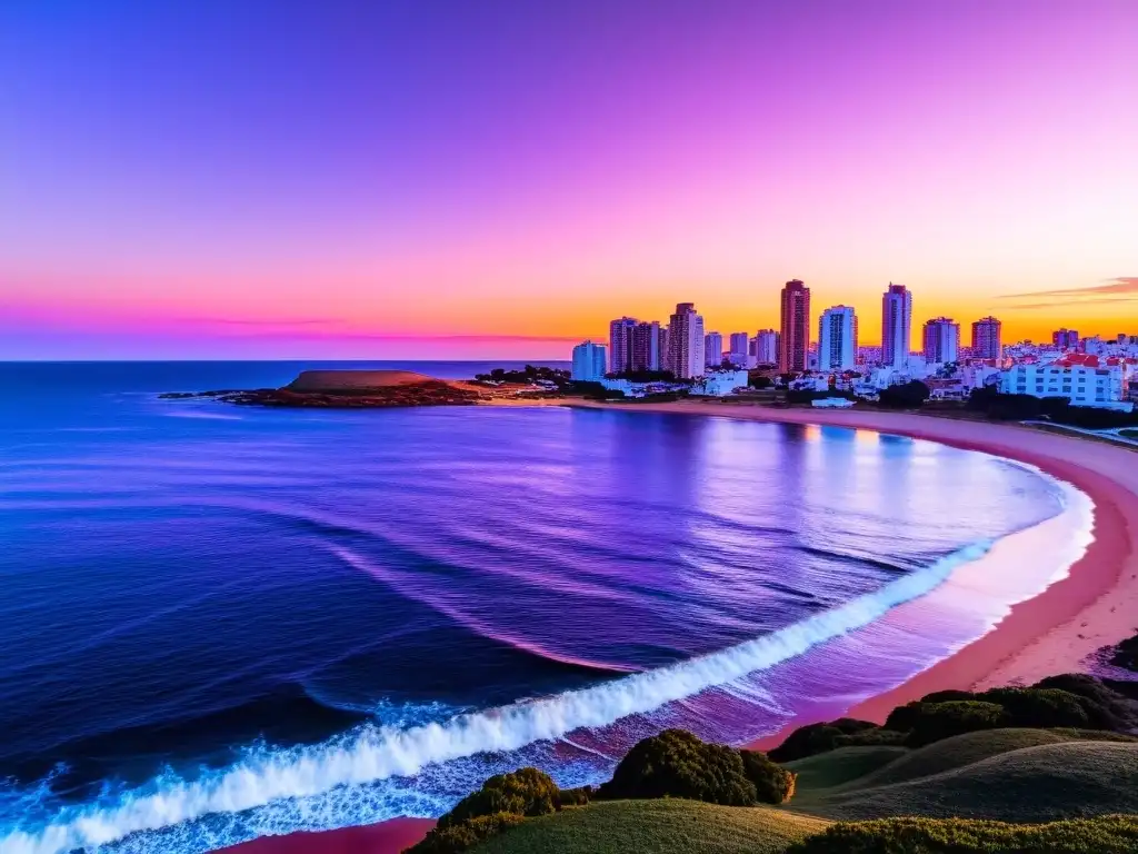 Viaje de lujo en Uruguay: Sunset en Punta del Este, silueta de Casapueblo y yates lujosos reflejados en el mar