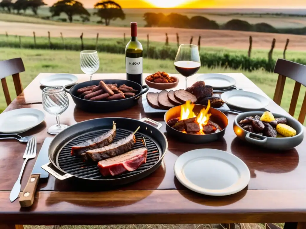 Viaje de lujo en Uruguay: cena rústica y elegante al atardecer, con delicias tradicionales y vino Tannat