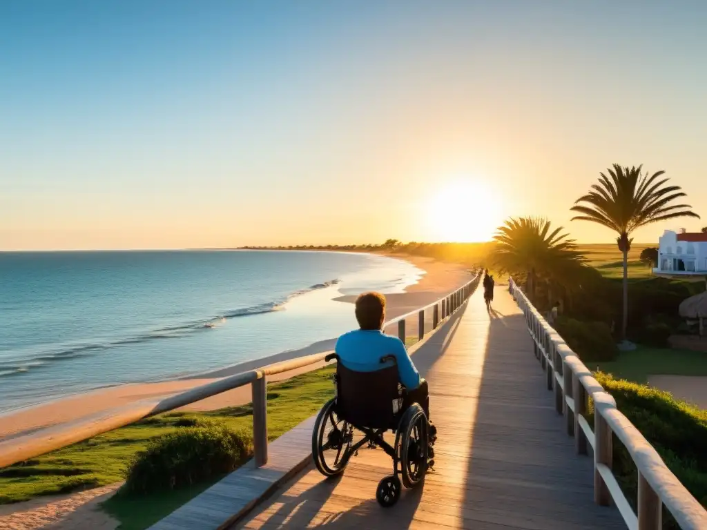 Viaje a Uruguay con movilidad reducida: una persona en silla de ruedas admira el atardecer dorado en las playas accesibles