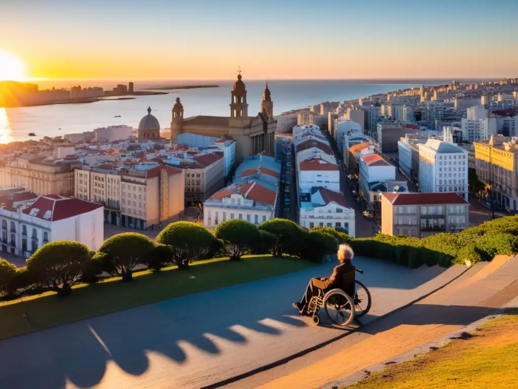 Viaje a Uruguay con movilidad reducida: vista panorámica al atardecer sobre Montevideo, con un usuario de silla de ruedas admirando la ciudad