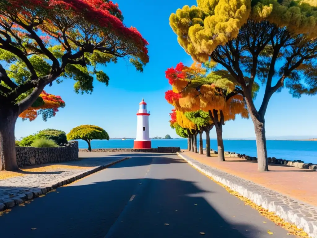 Planificar viaje otoño Uruguay: Vista panorámica de Colonia del Sacramento, con calles adoquinadas, autos vintage y el Faro emblemático