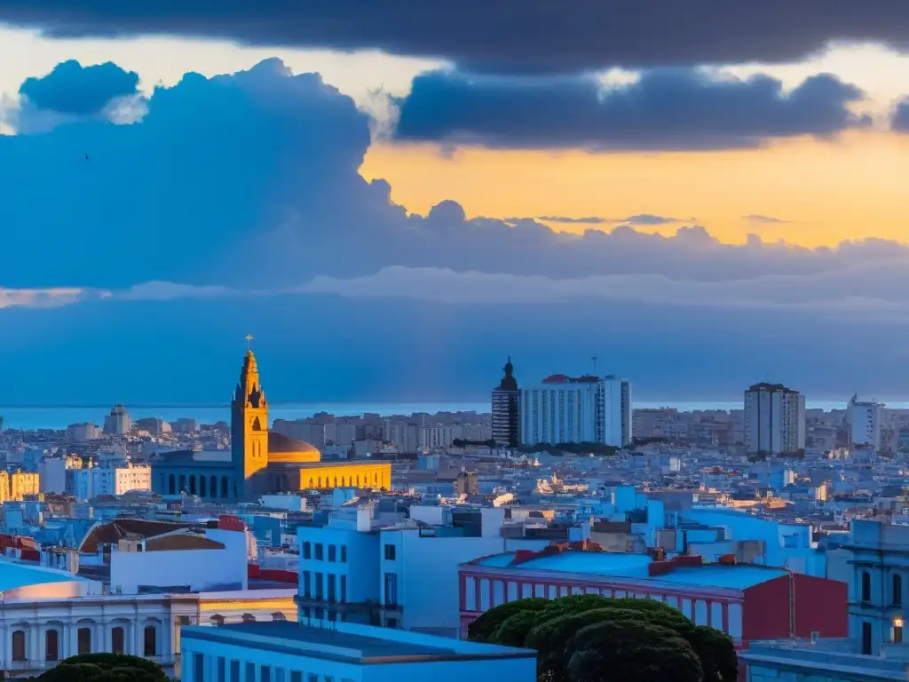 Planificar viaje a Uruguay: pronóstico del tiempo sobre el skyline de Montevideo con sol, nubes y lluvia