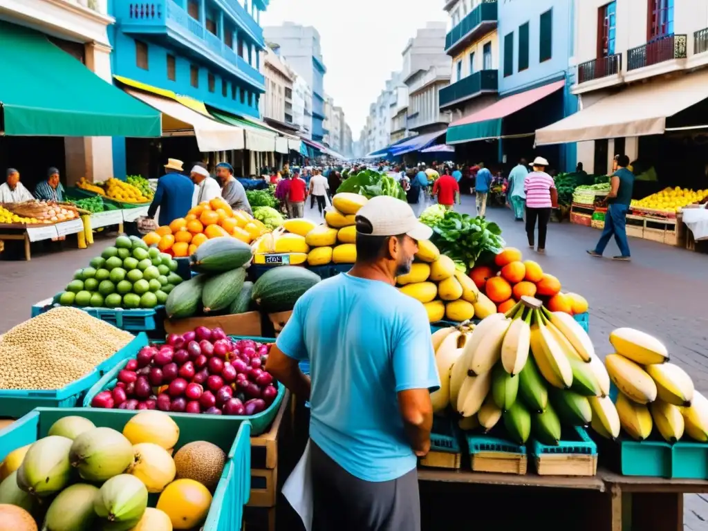 Viajero astuto comparando precios de frutas frescas en un mercado bullicioso de Montevideo, siguiendo consejos para ahorrar dinero en Uruguay