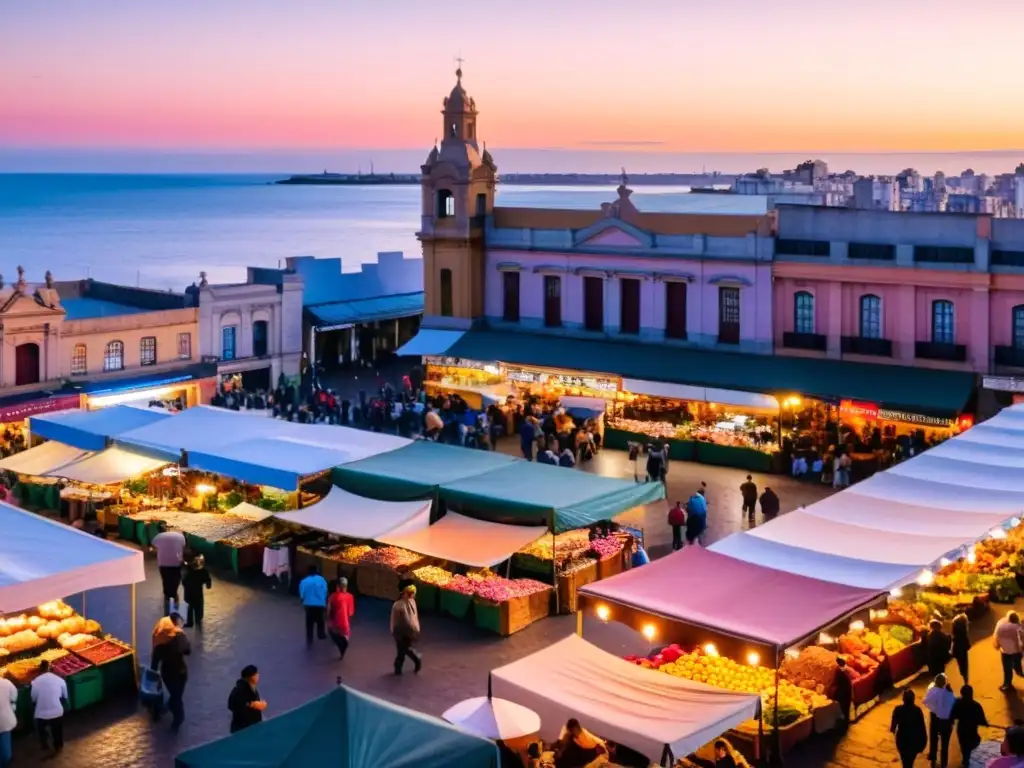 Viajero explorando un bullicioso mercado en Montevideo, Uruguay al atardecer, ejemplo de consejos para viajar barato a Uruguay