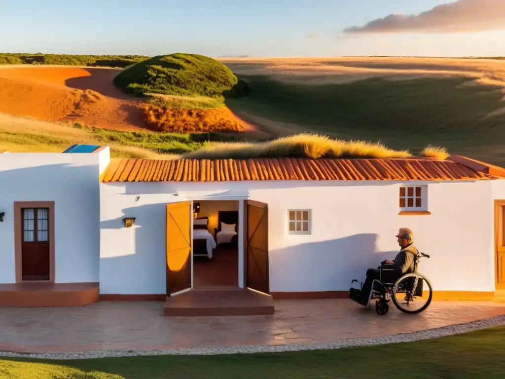 Viajero disfrutando un mate en un alojamiento accesible en Uruguay, rodeado de un atardecer dorado y acogedor