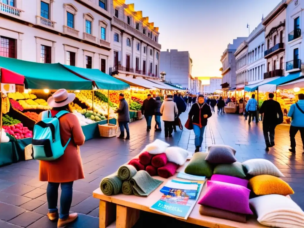 Viajero negociando un poncho en un bullicioso mercado de Montevideo al atardecer, ejemplificando los consejos para viajar barato a Uruguay