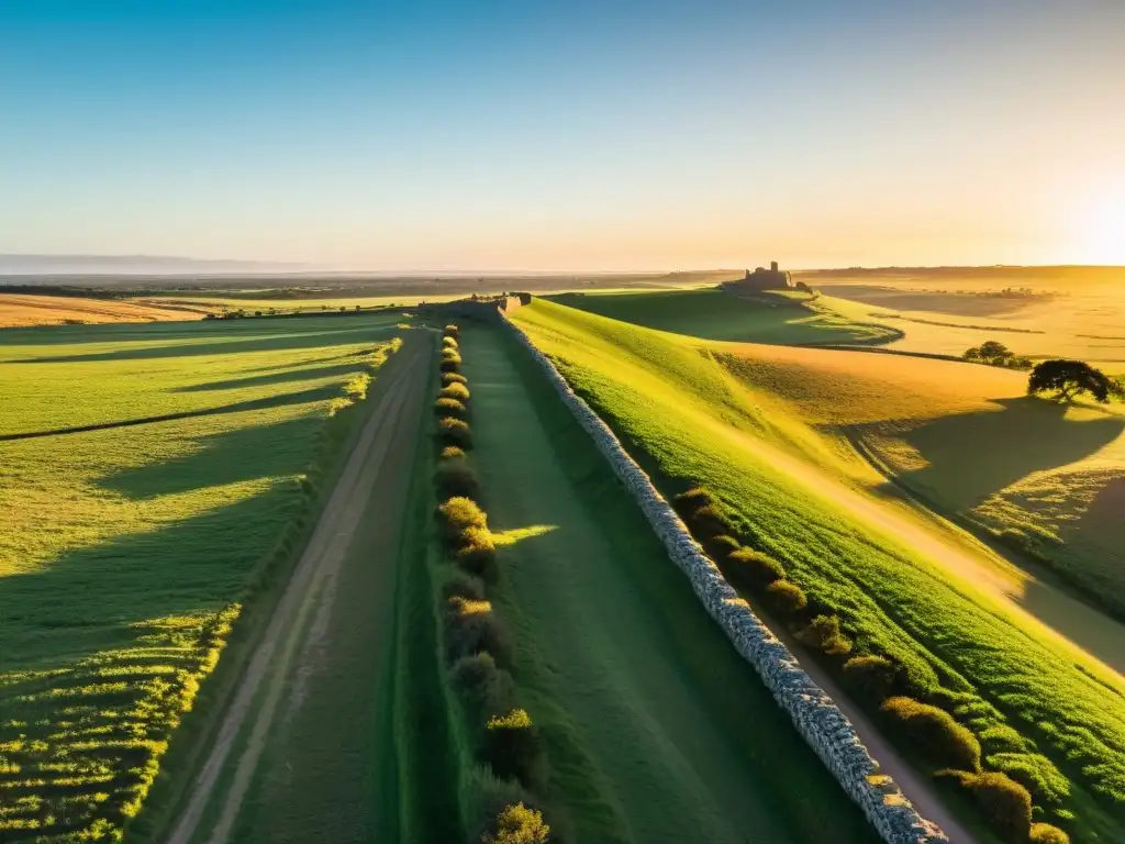 Viajero solitario en caballo recorriendo las Rutas escénicas de Uruguay al atardecer, entre las ruinas jesuitas y los verdes campos infinitos