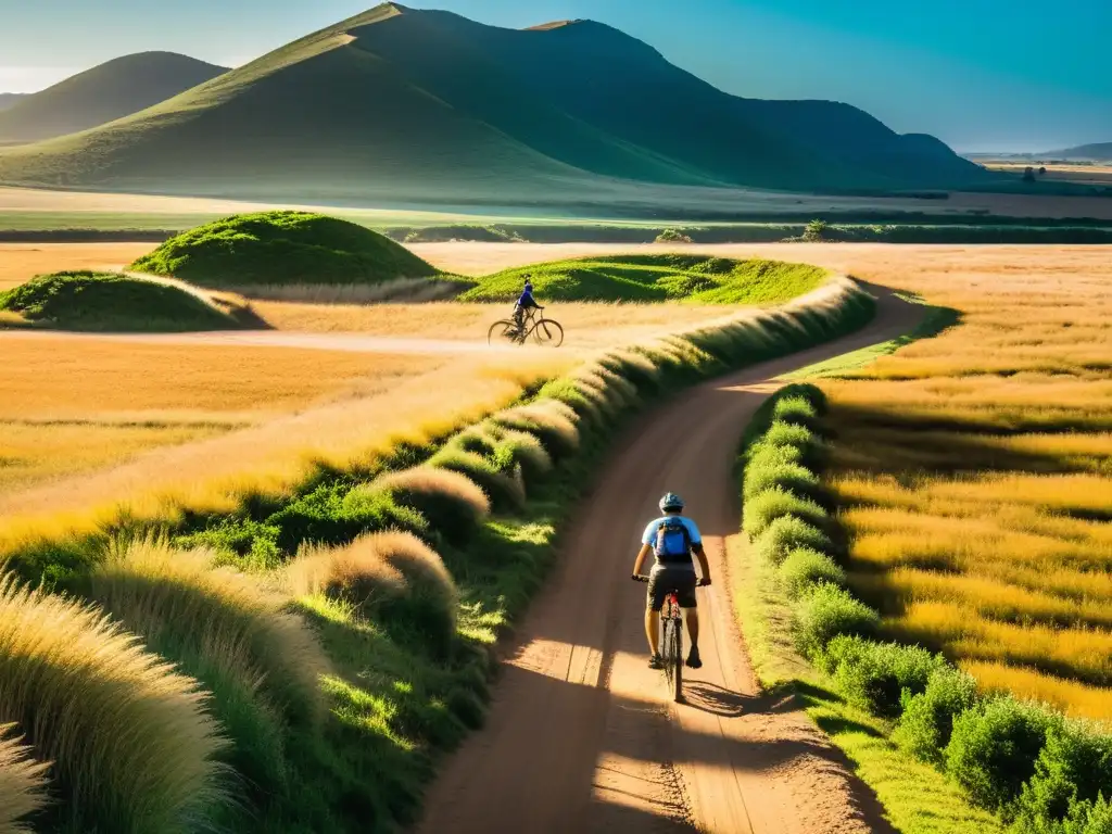 Viajero solitario pedaleando en las rutas en bicicleta por Uruguay, atravesando campos dorados bajo un cielo anaranjado al atardecer