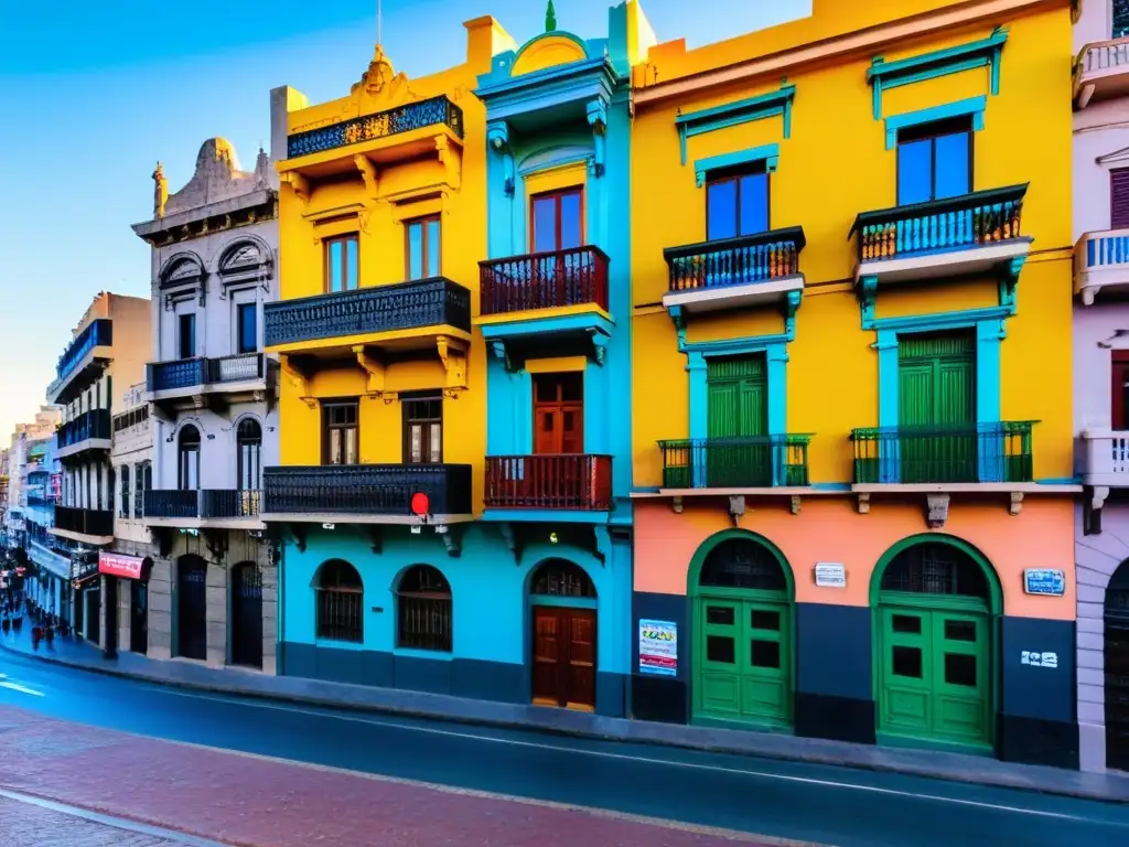 Viajeros explorando calles vibrantes de Montevideo al atardecer, buscando consejos para ahorrar en alojamiento en Uruguay