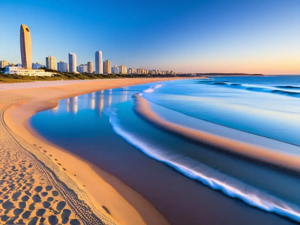 Guía accesibilidad Uruguay: Viajeros especiales disfrutan del atardecer en Punta del Este, con la icónica 'La Mano' y la ciudad en 8K