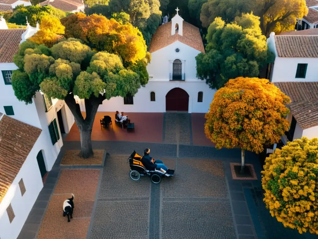 Guía accesibilidad Uruguay viajeros especiales: Vista aérea de Colonia del Sacramento al atardecer, celebrando la inclusión y la belleza otoñal