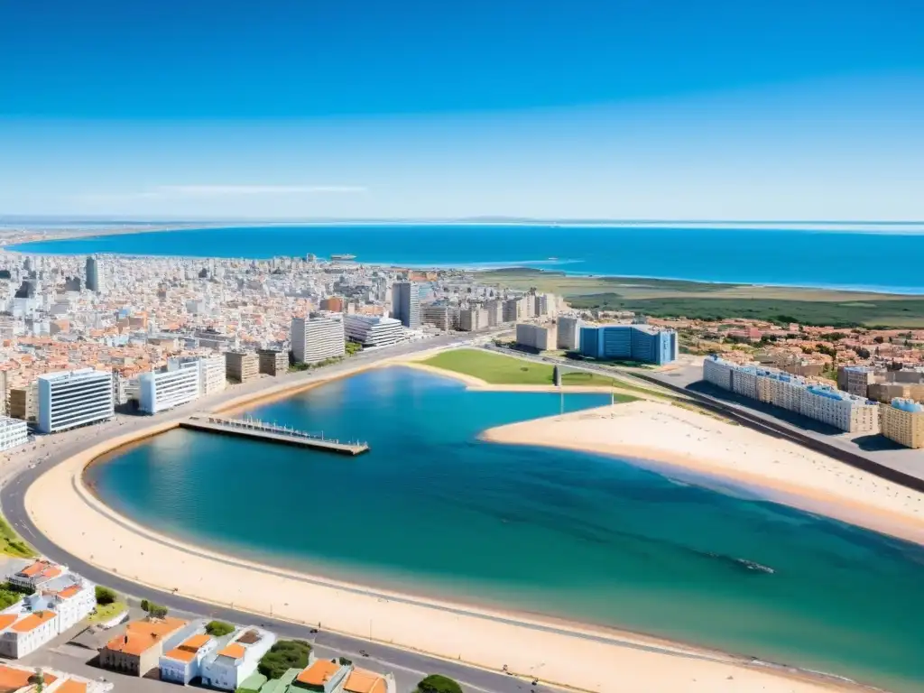 Guía accesibilidad Uruguay viajeros especiales: vista aérea soleada de Montevideo, playa accesible y campo verde, promoviendo inclusión