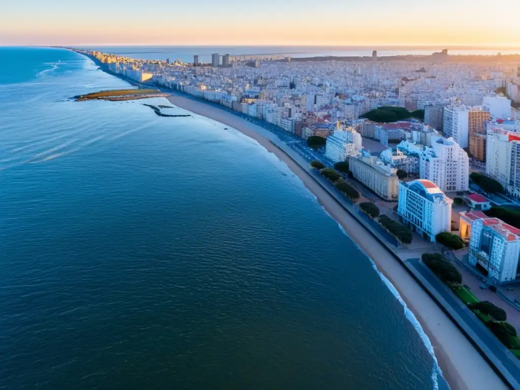 Guía accesibilidad Uruguay para viajeros especiales, con vista aérea de Montevideo al atardecer, promoviendo inclusividad