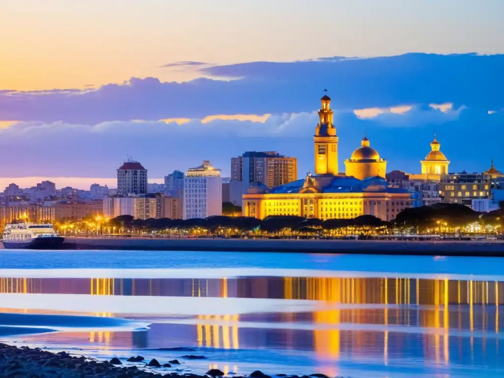 Viajeros planeando con un mapa bajo la cálida luz del ocaso en Montevideo, símbolo de los consejos para ahorrar en alojamiento en Uruguay