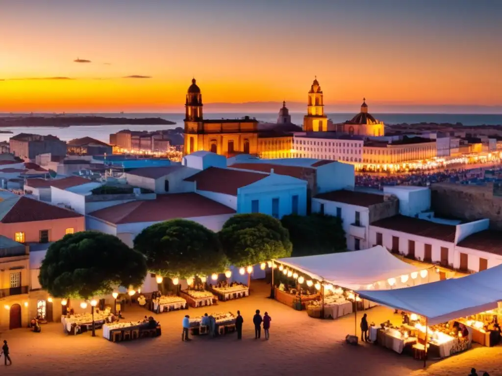 Viajeros negociando en un mercado de Montevideo al atardecer, ejemplo de cómo viajar por Uruguay con un presupuesto limitado y planificar gastos