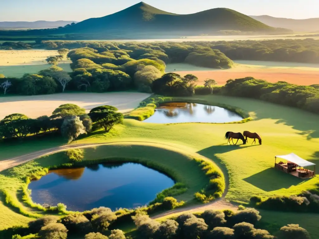 Viajes económicos Uruguay: belleza y cultura en una panorámica del campo, con gauchos, caballos criollos, campistas y Montevideo al fondo