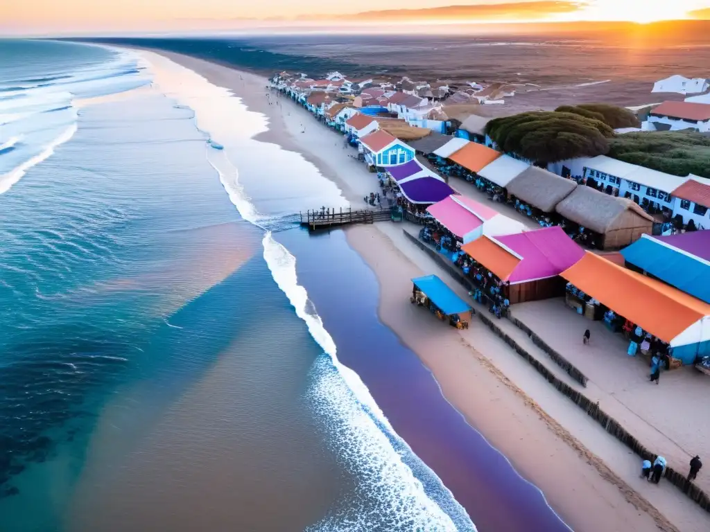 Vibrante atardecer en la costa uruguaya, resaltando la Gastronomía de la Costa en Uruguay en un ajetreado mercado de pescado y restaurantes de playa