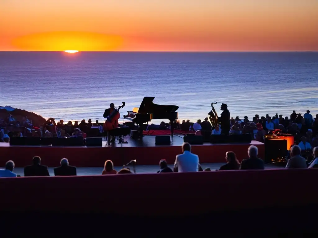 Vibrante atardecer en los festivales imperdibles Uruguay: Punta del Este Jazz Festival, con la banda en plena acción y la costa uruguaya de fondo