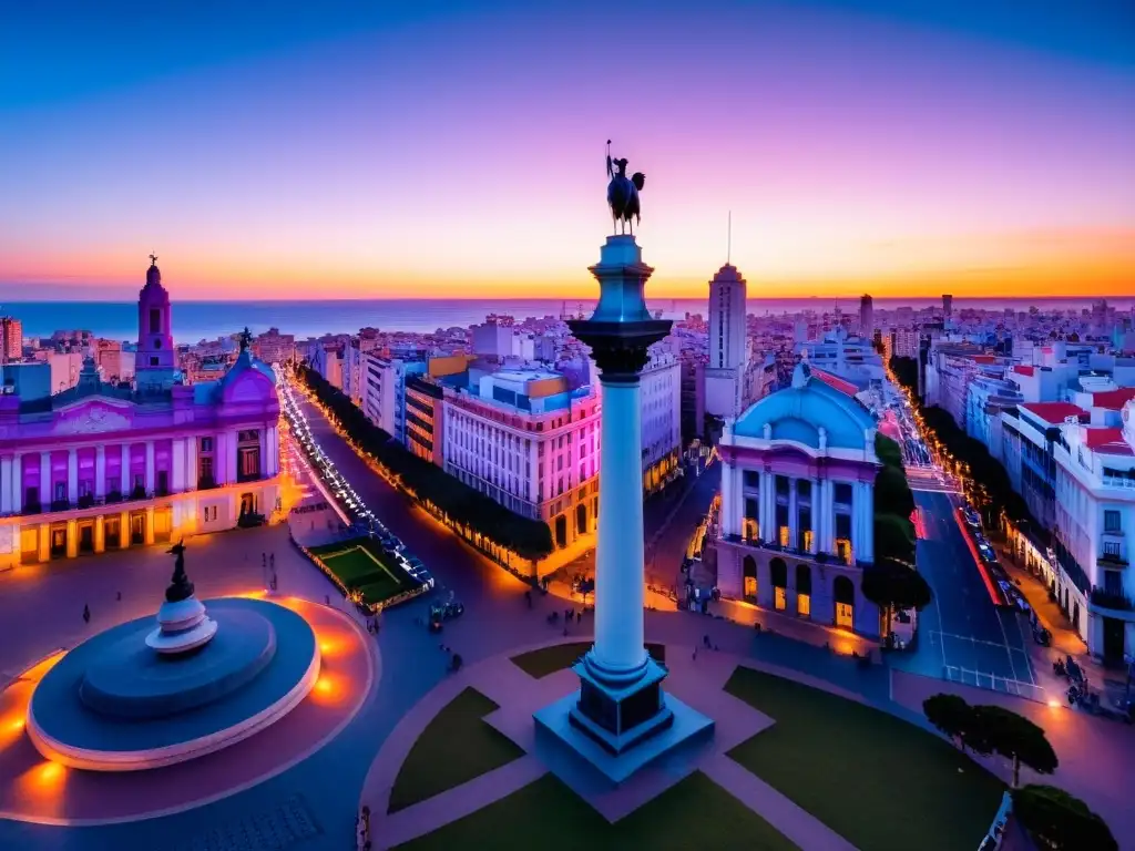 Fotografía de viaje en Uruguay, capturando el vibrante atardecer en el Palacio Salvo de Montevideo, lleno de vida y color