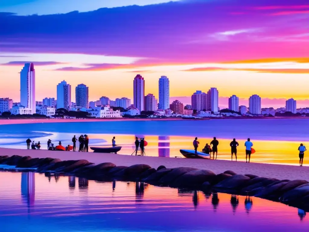 Vibrante atardecer en Punta del Este, Uruguay, con deportes acuáticos en acción bajo un cielo pintado de rosa y naranja