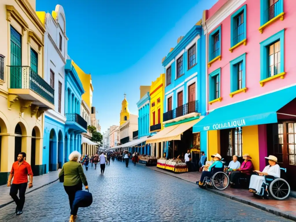 Vibrante calle de Montevideo, llena de vida y cultura, con personas disfrutando de los museos y atracciones accesibles en Uruguay