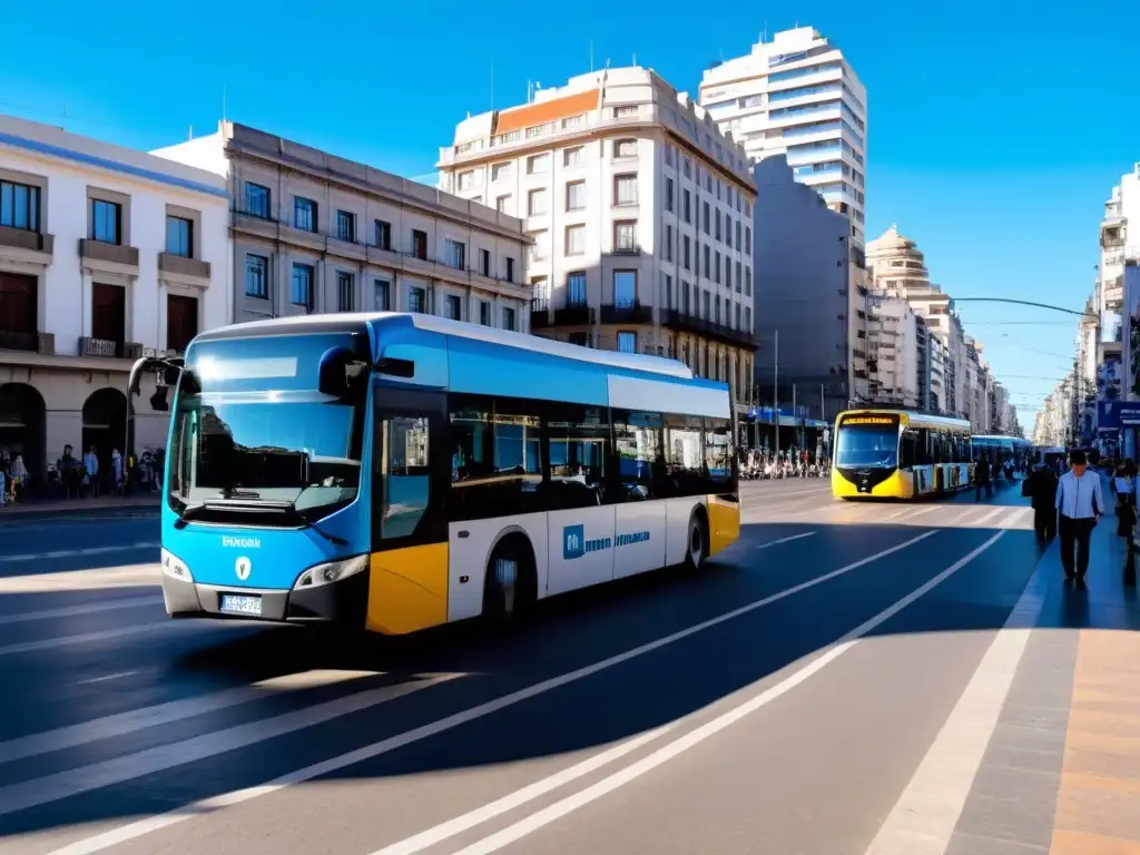 Vibrante calle de Montevideo, Uruguay, con transporte accesible para personas con discapacidad: taxi, autobús y van, aportando inclusión y dinamismo