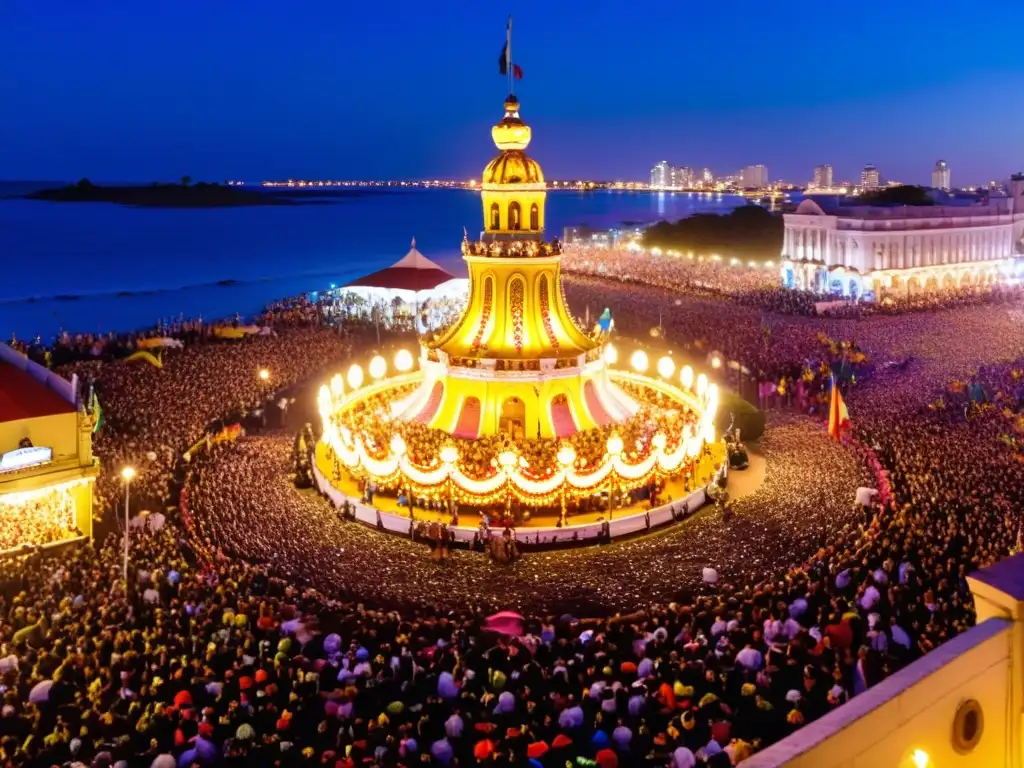 Vibrante Carnaval Uruguay color música tradición: multitud en disfraces coloridos, carrozas deslumbrantes y música cautivadora al atardecer