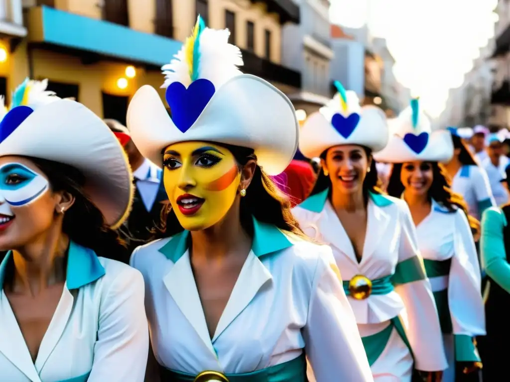 Vibrante Carnaval Uruguay lleno de color, música y tradición, con murguistas desfilando en trajes brillantes y candomberos marcando ritmos bajo una lluvia de confeti