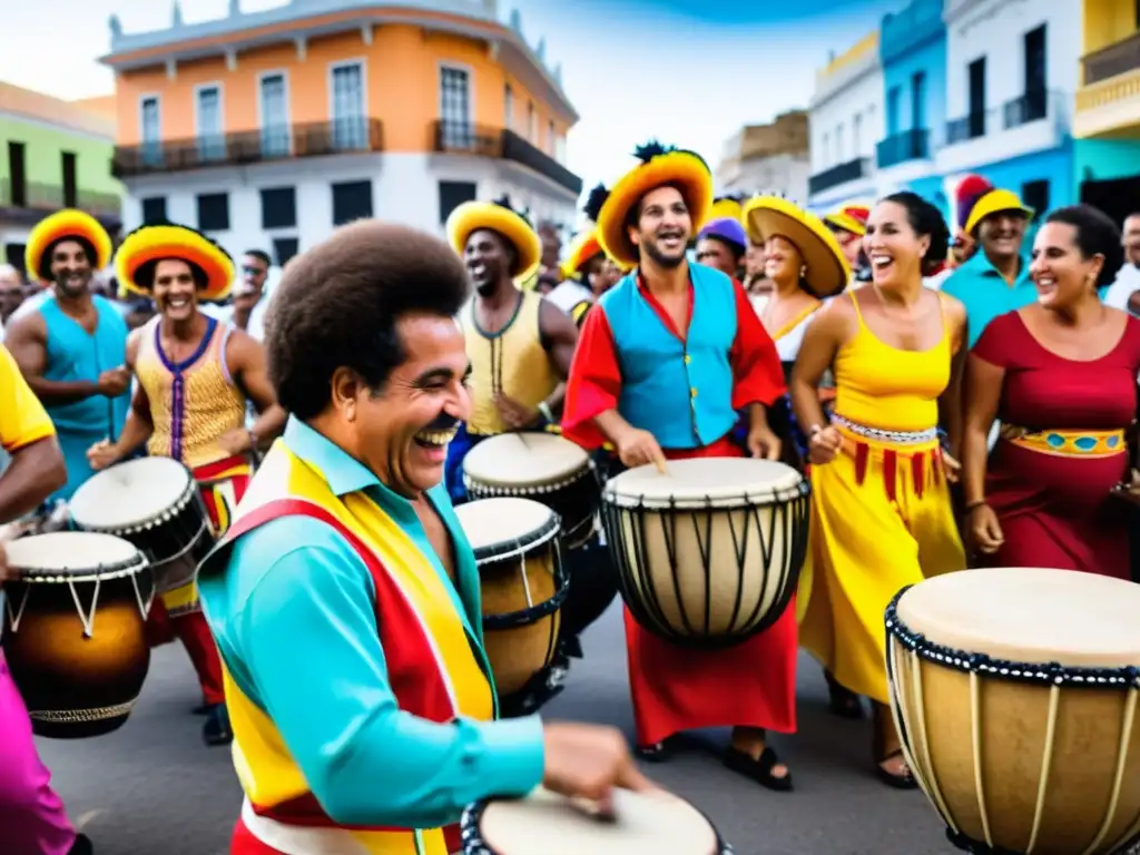 Vibrante celebración de Candombe, cultura afrouruguaya, en Montevideo; tambores y danzas coloridas llenan las calles de alegría y orgullo