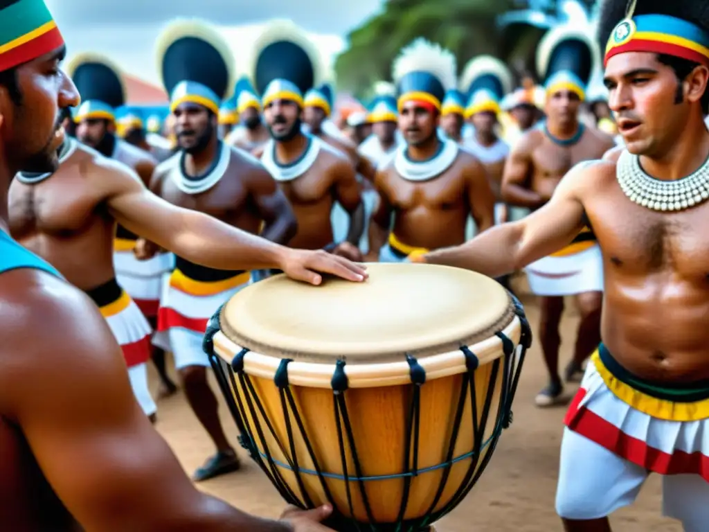 Vibrante ceremonia de Candombe, representando las costumbres espirituales populares en Uruguay, bajo un atardecer cálido