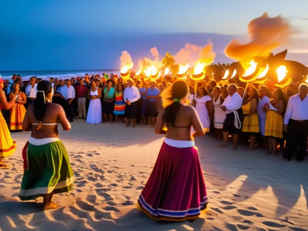 Vibrante danza ritual de afro-uruguayos en La Fiesta de Iemanjá en Uruguay, bajo un cielo estrellado y rodeados de velas y flores flotantes