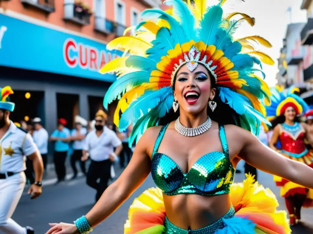 Vibrante desfile del Carnaval Uruguayo 2022, con bailarines disfrazados llenos de color y alegría en las calles de Montevideo al anochecer