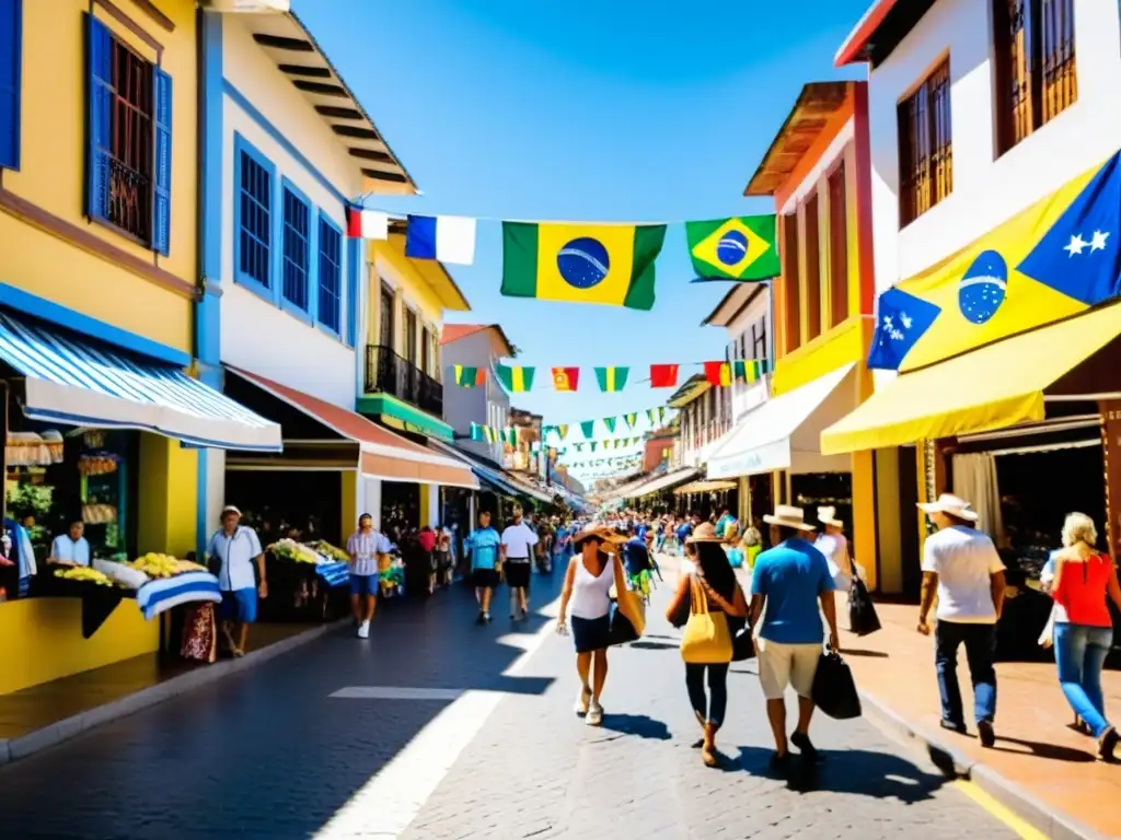 Vibrante día de verano en Rivera, la ciudad fronteriza con Brasil, repleta de banderas y compradores alegres