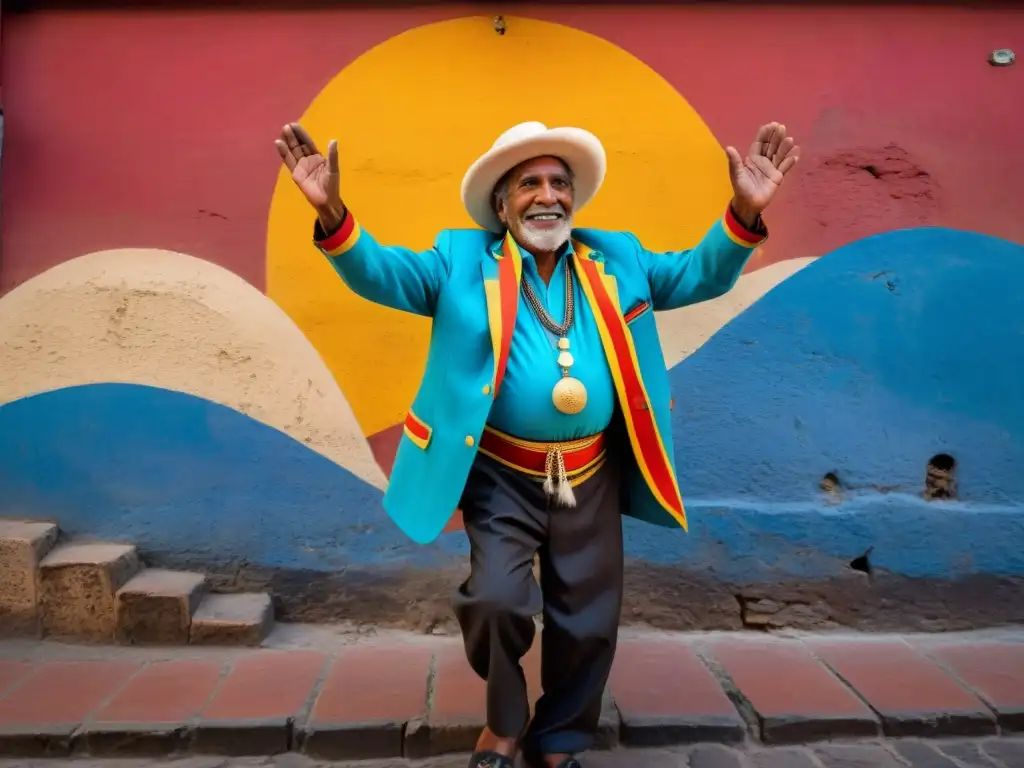 Vibrante diversidad cultural uruguay fotografías: anciano afro-uruguayo danzando al ritmo de Candombe en una calle adoquinada bajo el cálido atardecer