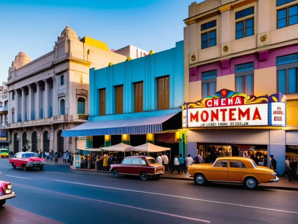 Vibrante tarde dorada en Montevideo, con autores contemporáneos uruguayos inmersos en la belleza y cultura de su antiguo cine colorido