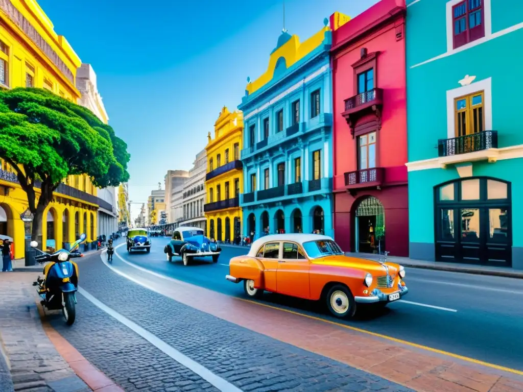 Vibrante escena de Montevideo, Uruguay, con arquitectura colonial colorida, calles empedradas y una mezcla de coches clásicos y modernos que representan el transporte y la movilidad en Uruguay