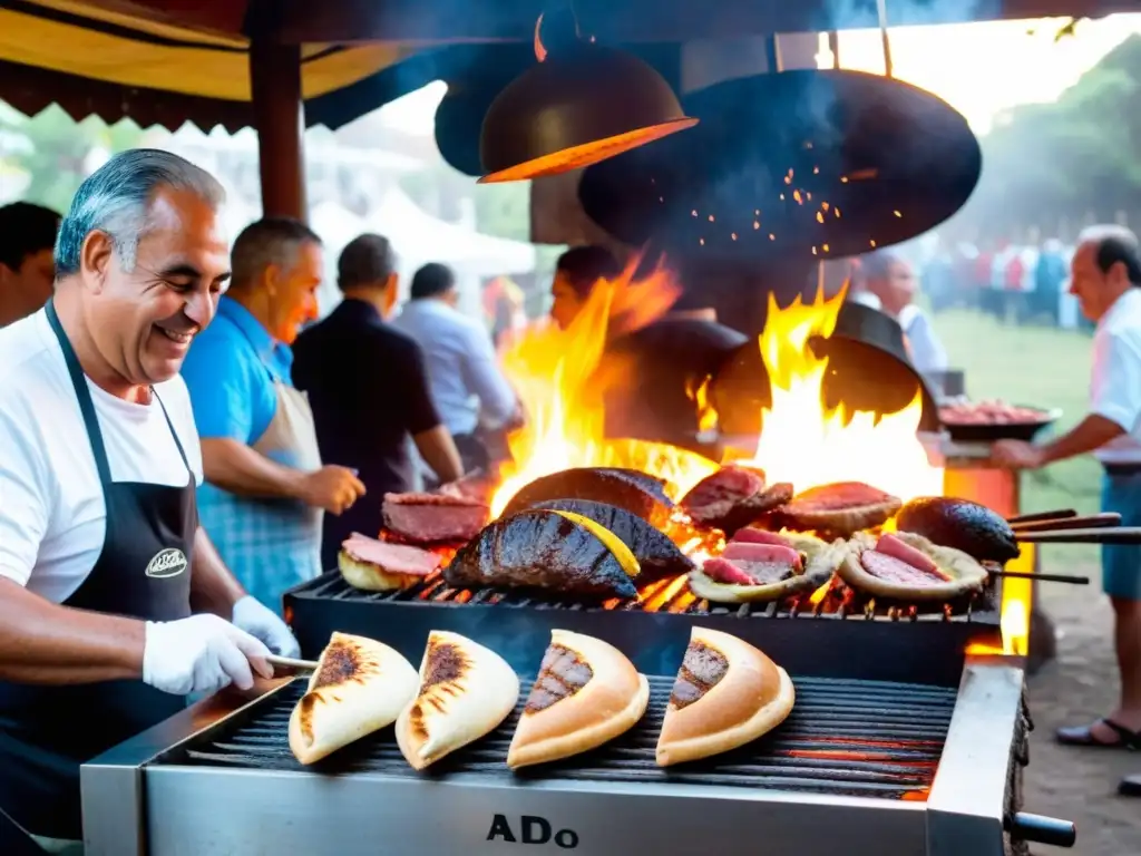 Vibrante escena de costumbres culinarias Uruguay tradicionales: un asado en Montevideo bajo el cálido sol, lleno de sabores y colores