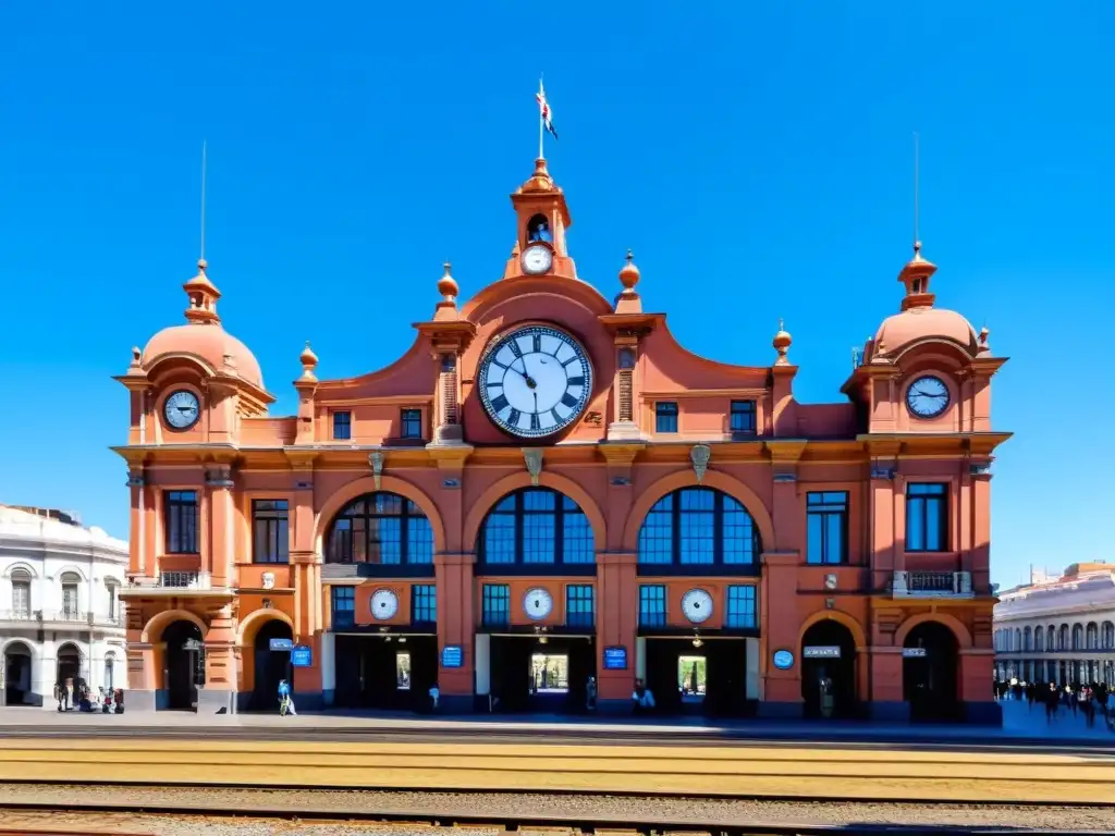 Vibrante escena en la Estación AFE Montevideo, centro cultural de Uruguay, bajo un cielo azul y con su arquitectura histórica llena de vida