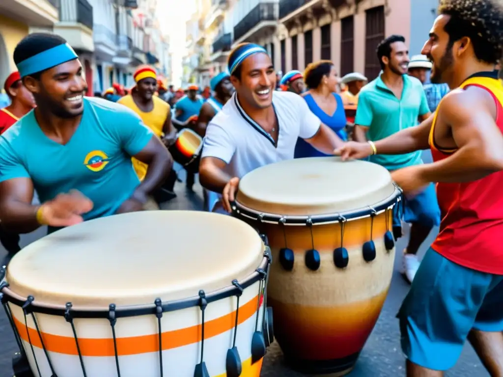 Vibrante escena de Candombe: Música y Danza AfroUruguaya en Montevideo, donde tambores resuenan y colores brillantes llenan la calle