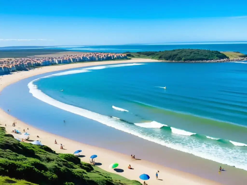 Vibrante escena de deportes acuáticos en Uruguay, con surfistas y buceadores disfrutando del sol y el mar azul intenso