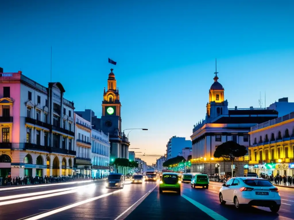 Vibrante escena de Montevideo, Uruguay al crepúsculo, reflejando la diversidad de la arquitectura y las reglas de tráfico en Uruguay