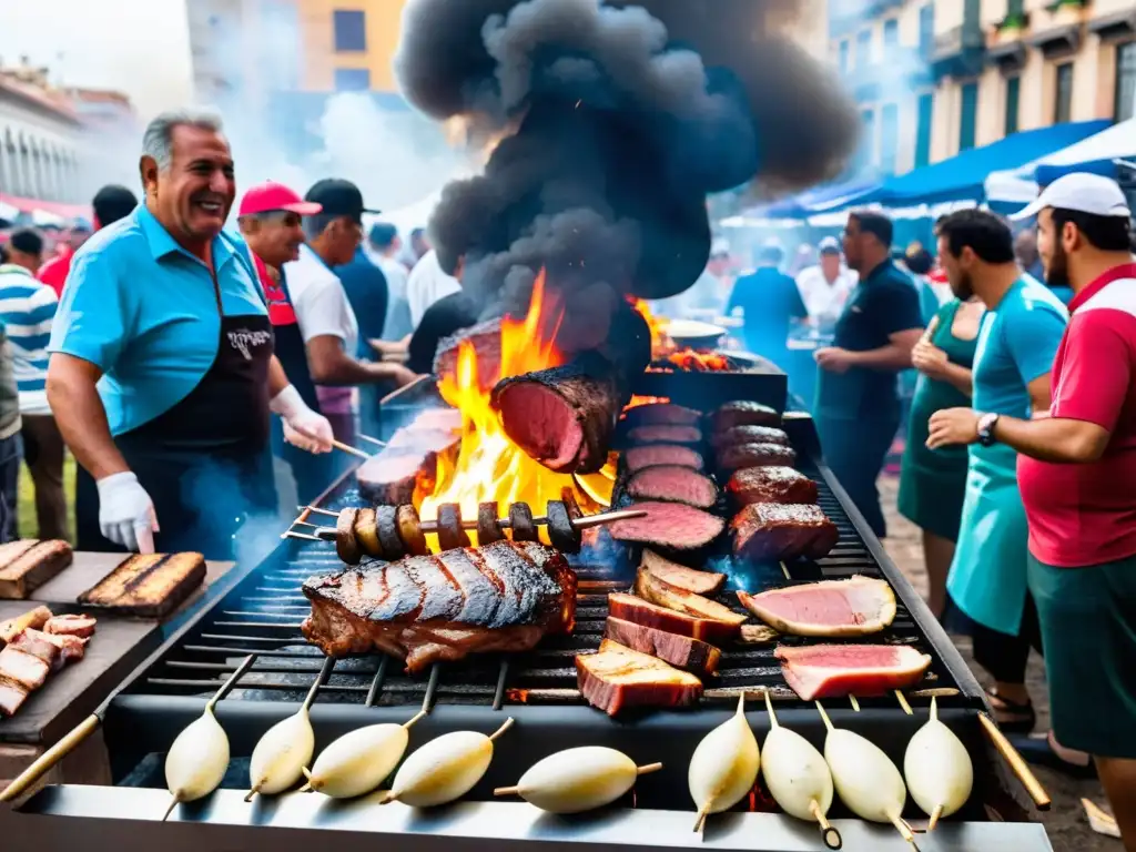 Vibrante escena de eventos gastronómicos cultura uruguaya, con un asado en progreso, músicos de Candombe y un bullicio lleno de sabor y tradición