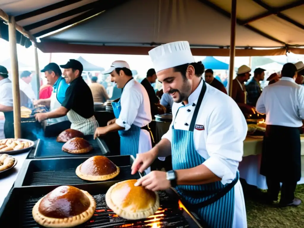 Vibrante escena de eventos gastronómicos cultura uruguaya, con chefs tradicionales, deliciosos platos y un atardecer mágico