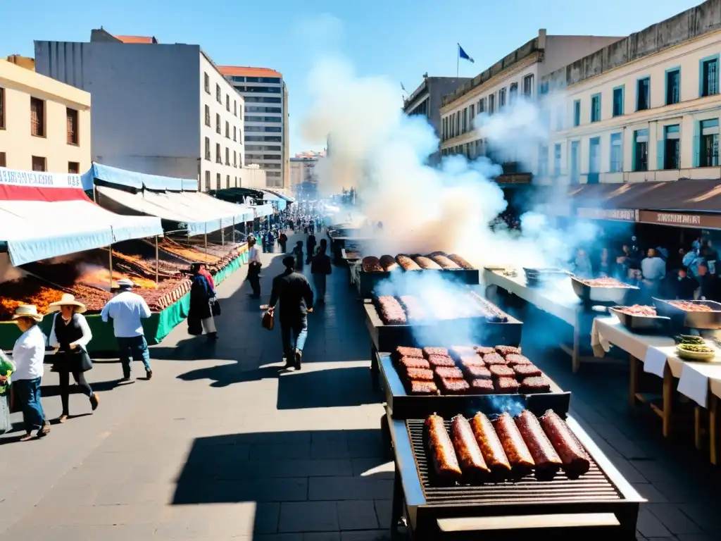 Vibrante escena de eventos gastronómicos populares Uruguay: asado y empanadas en un bullicioso mercado al aire libre de Montevideo