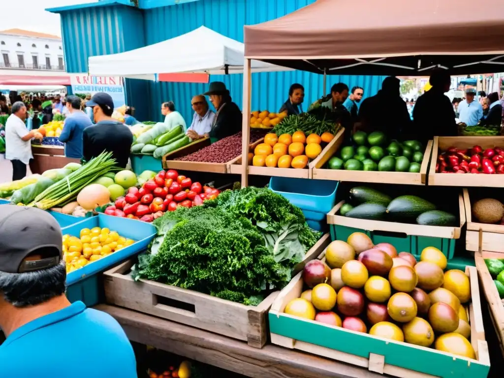 Vibrante escena de eventos gastronómicos Uruguay en un mercado lleno de color y energía en Montevideo, con un asado tradicional al fondo