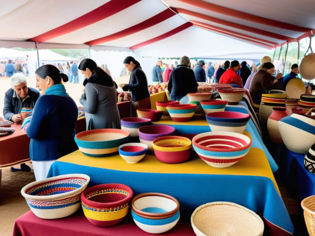 Vibrante escena de ferias artesanía emblemáticas Uruguay, llena de coloridas piezas hechas a mano y edificios coloniales al fondo