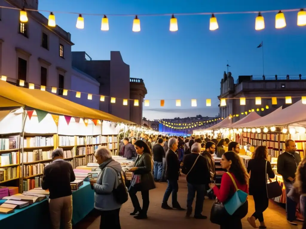 Vibrante escena de las ferias literarias importantes en Uruguay, Semana Negra de Montevideo, con visitantes sumergidos en libros bajo luces cálidas