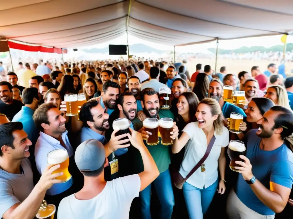 Vibrante escena del Festival de la Cerveza en Paysandú, Uruguay, donde risas, luces doradas y música crean una atmósfera de alegría y tradición